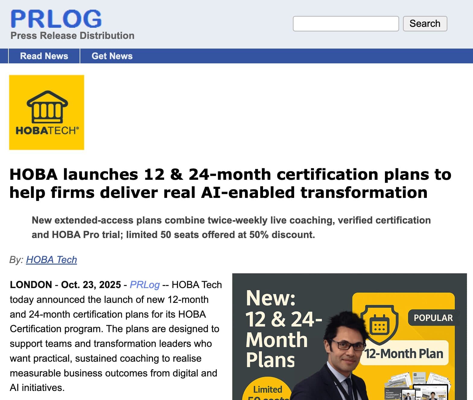 HOBA Certification 12-24 Month Plans – Press Release