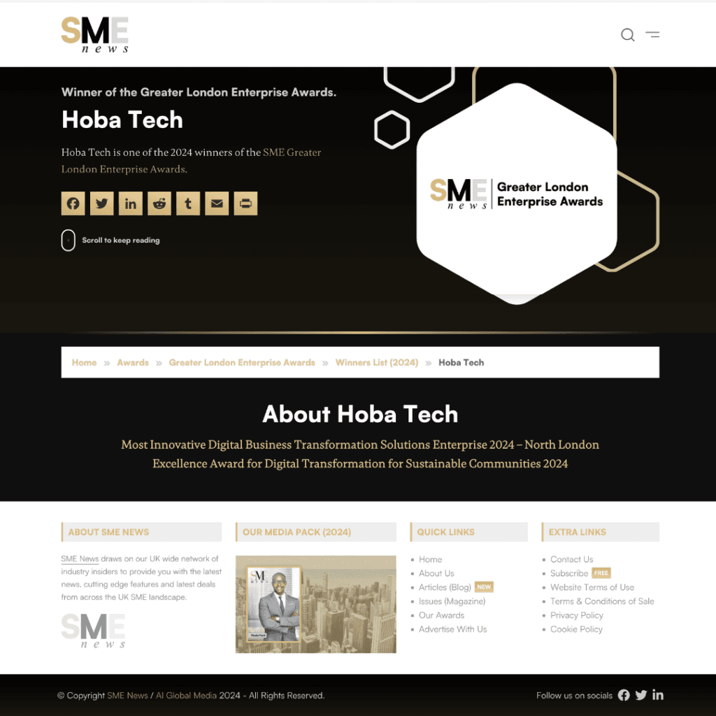 HOBA Tech Wins SME News Award for Business Transformation Excellence