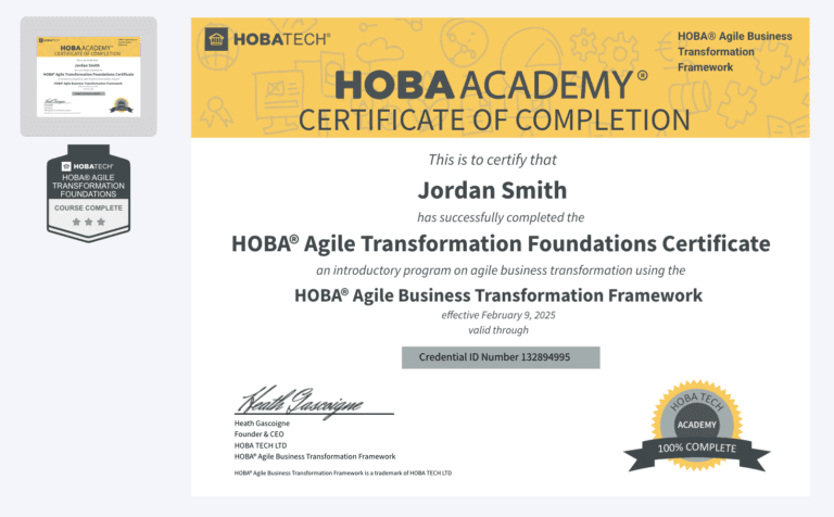 Agile Transformation Foundations Certificate and Badge HOBA Agile Business Transformation Foundations Certificate and Badge for introduction to agile journey