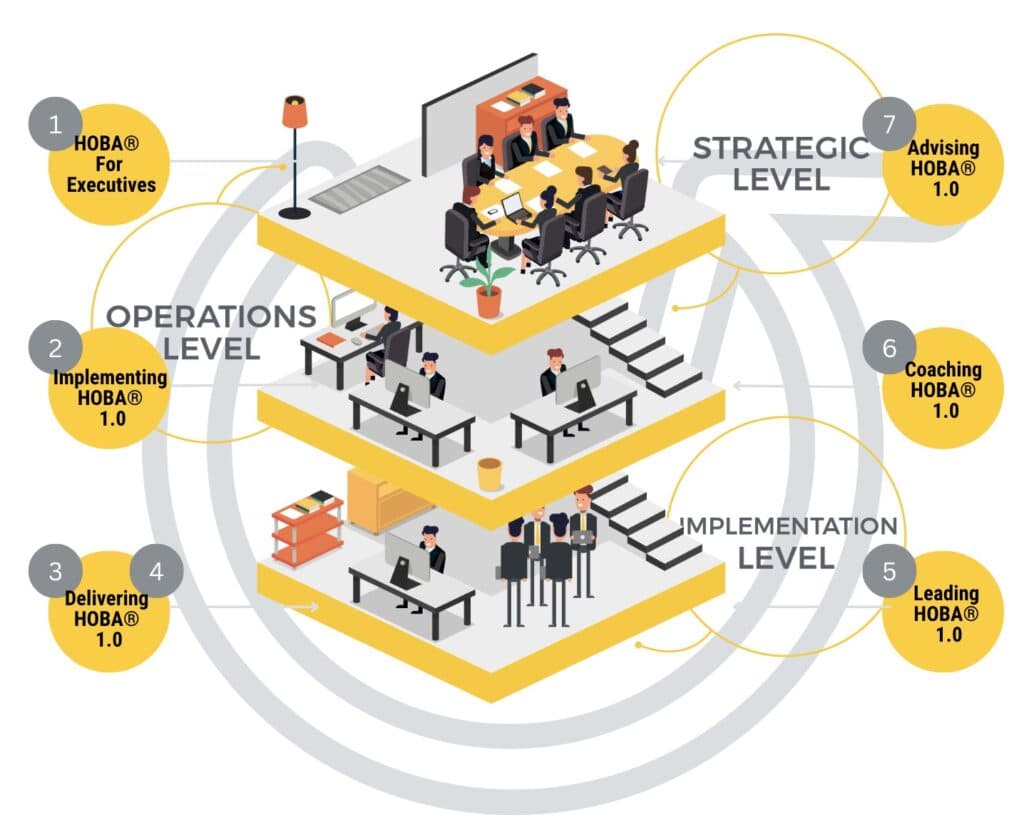HOBA Training Programs progression HOBA Training Programs overview showing progression of certification levels for transformation professionals