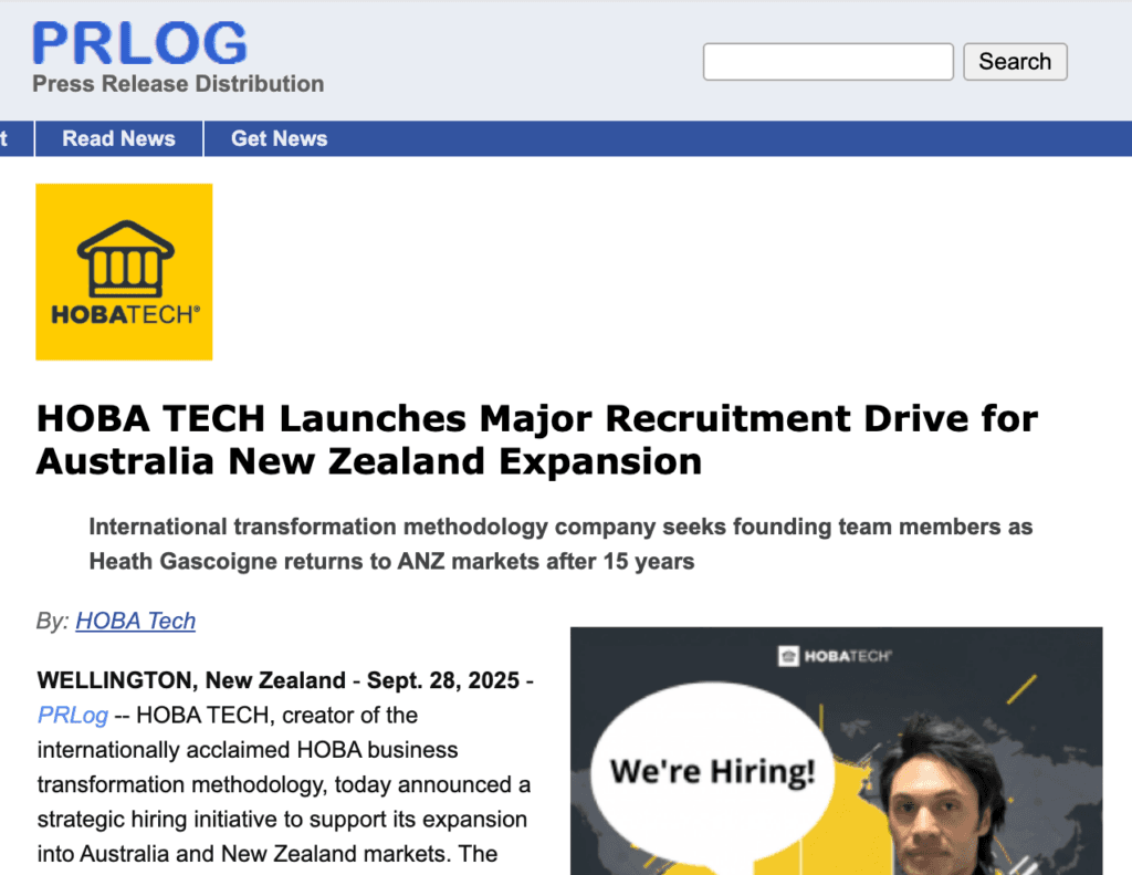 HOBA TECH press release on PRLog distribution platform announcing major recruitment drive for Australia New Zealand expansion with Heath Gascoigne We're Hiring image