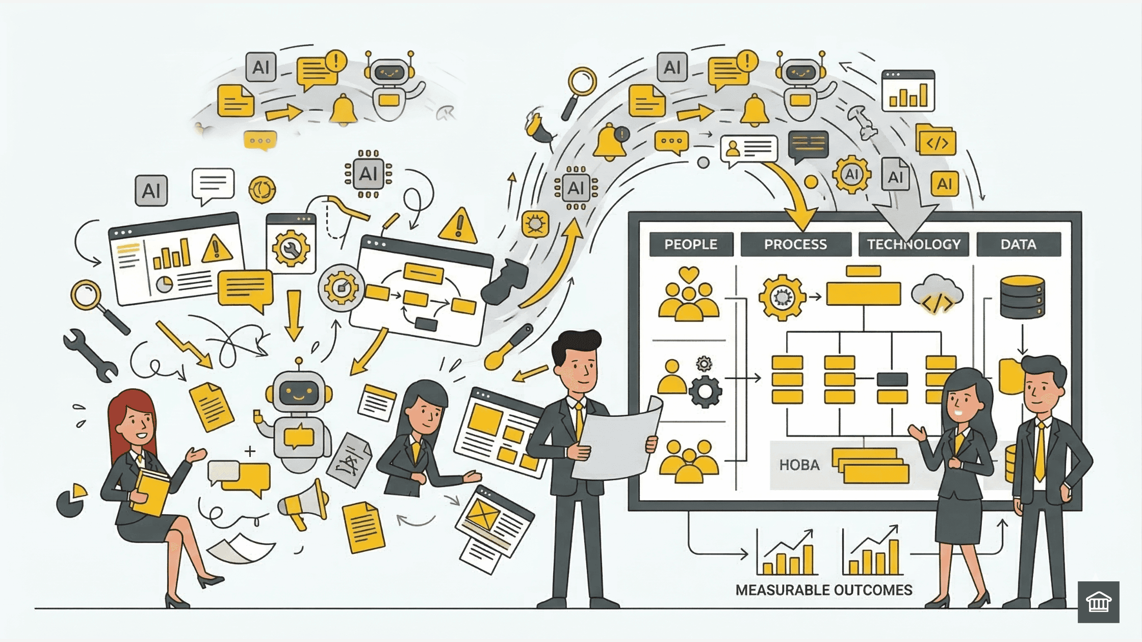 A HOBA-style transformation architect standing in front of a digital blueprint, calmly funneling a storm of AI notifications and automation icons into a structured business system.