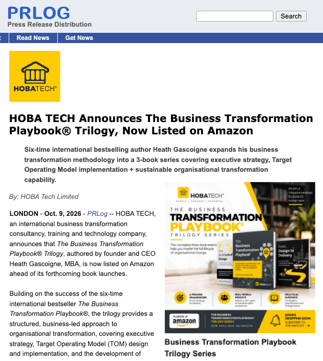 PRLog press release: HOBA Tech announces The Business Transformation Playbook® Trilogy now listed on Amazon PRLog press release: HOBA Tech announces The Business Transformation Playbook® Trilogy now listed on Amazon