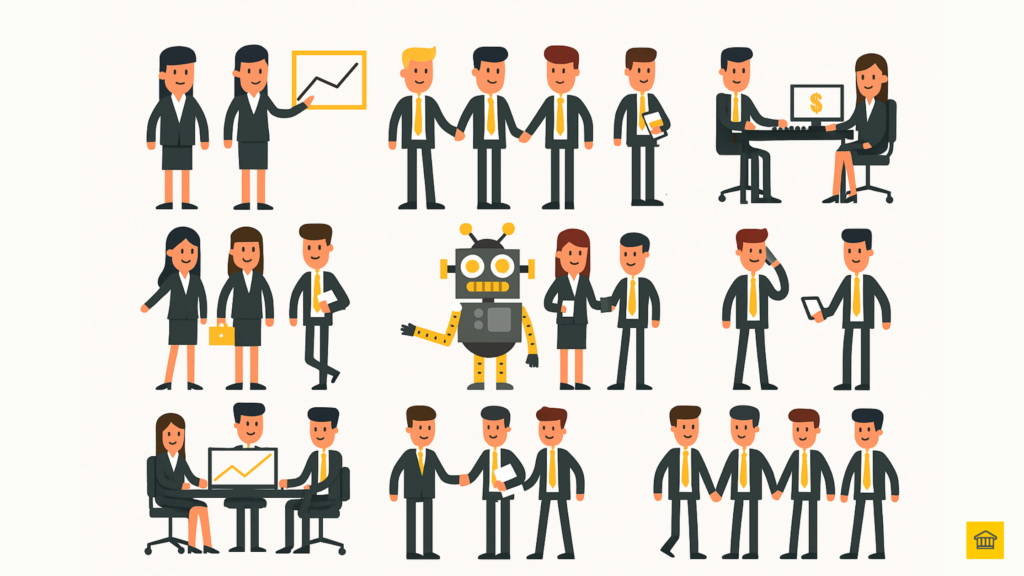 Flat vector illustration of a business meeting showing a flashy consulting presentation contrasted with a HOBA-style blueprint session, highlighting the difference between traditional consulting and business-led transformation.